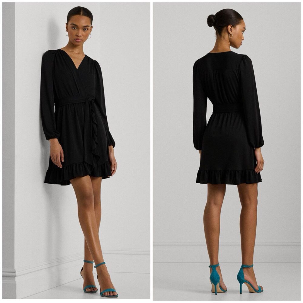 Lauren Ralph Lauren Belted Stretch Jersey Dress Long Sleeve Size Large Faux Wrap